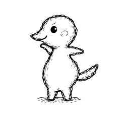 Whimsical ink drawing of a curious creature stands waving its flipper to welcome viewers with joy