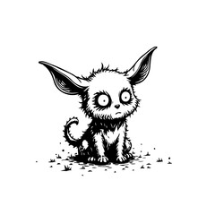 Whimsical ink illustration of a wide eyed furry creature with oversized ears in monochrome