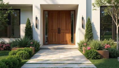 Naklejka premium Contemporary house exterior with light walls, dark framed windows, grand wooden double door entrance. Green landscaping with plants, flowers surrounds elegant residence, modern architectural style,