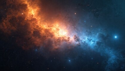 Fototapeta premium Vibrant orange, blue nebulae swirl with countless stars against deep black background. Cosmic scene displays celestial phenomena, shining stardust, galaxy formations. Mystical, dream-like