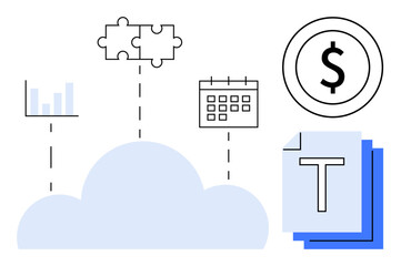 Cloud connecting graphs, puzzle pieces, calendar, financial dollar, and documents. Ideal for business planning, online collaboration, data management, cloud computing workflow organization simple