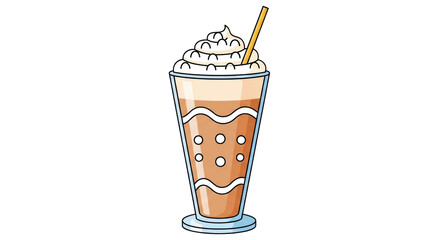 Isolated cartoon drawing of layered iced coffee drink with straw and whipped cream topping