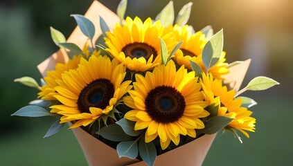Fototapeta premium A vibrant bouquet of bright sunflowers with green foliage wrapped in rustic brown paper, celebrating the beauty of summer.