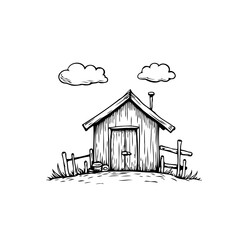 Whimsical rustic shed drawing underneath puffy white clouds sketch of simple life illustration