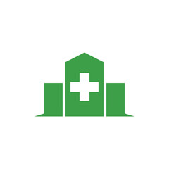 Obraz premium Healthcare logo with abstract hospital building and cross in solid green