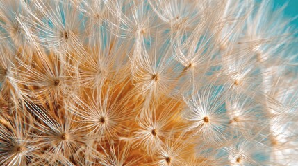 Close-up of dandelion seed head, pale beige/cream colored, with light orange/tan centers,  against a teal/turquoise background