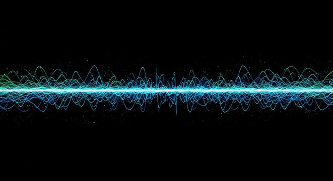 Futuristic digital soundwave visualization with glowing blue and green light particles representing audio frequency or data stream on a black background - Powered by Adobe