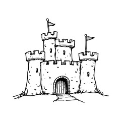Whimsical sketch showcasing fantasy stronghold with turrets and flying banners against a clear