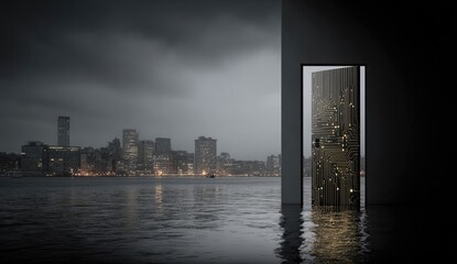 Flood waters recede, revealing a futuristic door to a city skyline