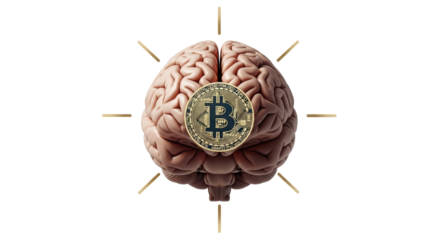 Isolated brain with cryptocurrency bitcoin symbol on center, artificial intelligence concept