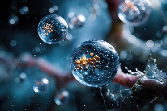 Synthetic chemical nanoparticles suspended in solution showcasing intricate interactions and behaviors in a controlled environment