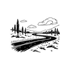 Winding road amidst nature's embrace, a journey through scenic beauty with tall trees and clouds