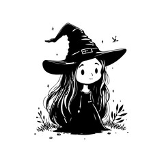 Whimsical young witch illustration with pointed hat amidst decorative foliage for halloween season