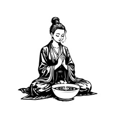 Woman in peaceful contemplation meditating over a bowl enhancing inner balance through mindfulness