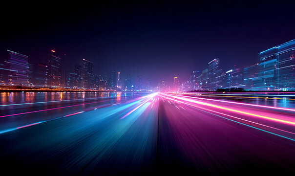 Curved highway glowing with red and blue light trails at night, symbolizing high-speed travel and futuristic motion. The dark background contrasts with neon lights creating a vibrant visual effect. Pe