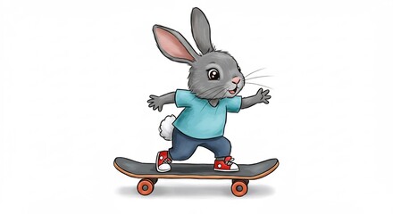 Schattig konijn leert vrolijk skateboarden zachte kleuren. AI Generated
