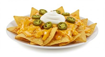 Knapperige nacho's overgoten met kaas en zure room smakelijk gepresenteerd. AI Generated