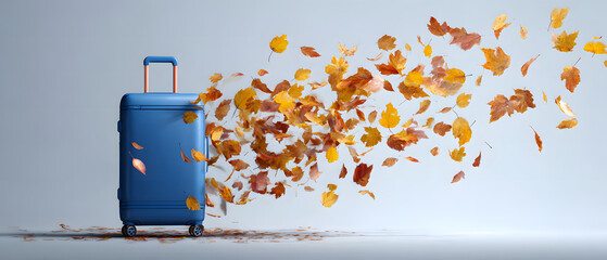 Image of a suitcase. Blue suitcase with flying leaves