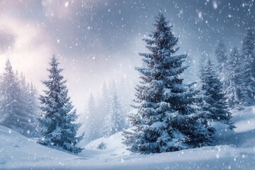 Obraz premium Snow-covered trees create a serene winter landscape, as gentle snowflakes fall gracefully in a tranquil setting at dawn