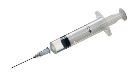Isolated syringe on plain background shows sharp needle and liquid inside clear cylinder