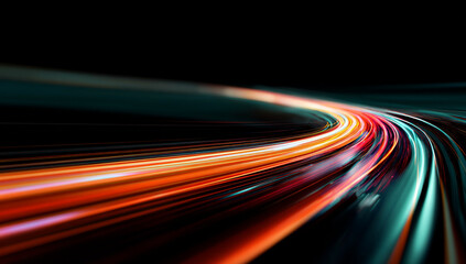 Abstract image of speed motion on the road. Neon color glowing lines background, high-speed light trails effect. Modern abstract high-speed light motion effect on black background.