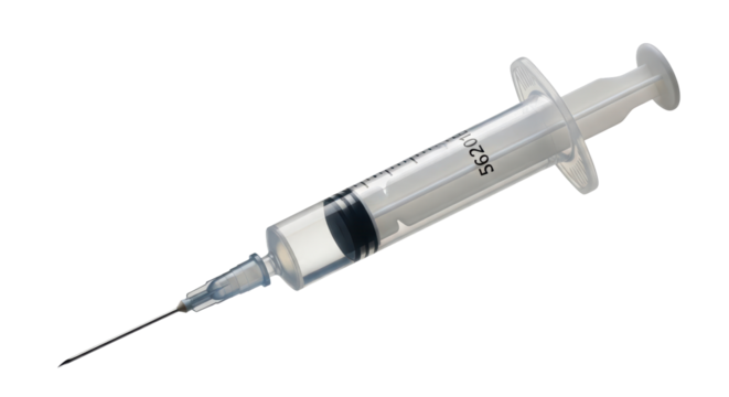 Isolated syringe on plain background shows sharp needle and liquid inside clear cylinder