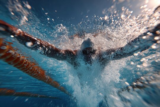 Competitive freestyle swimming sprint showcasing an athlete's powerful stroke in a bright indoor pool during a lively race surrounded by spectators