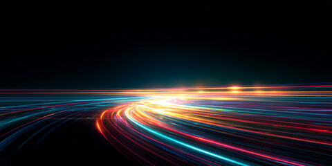 Panoramic abstract technology background with fast light trails and digital grid. Represents high-speed networks and futuristic motion. Great for tech startups or events.