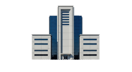 Isolated government building with multiple layers of windows and light gray concrete finish