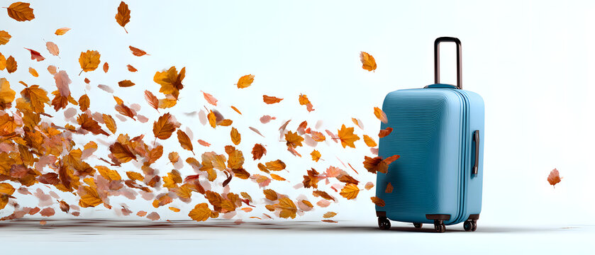 Image of a suitcase. Blue suitcase with flying leaves