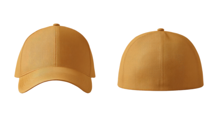 Two tan baseball caps, front and back views