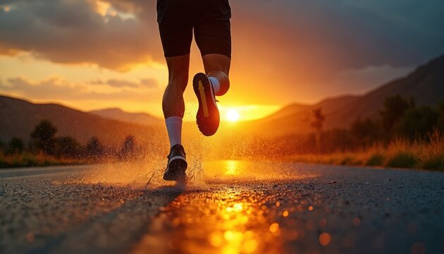 Athlete sprints on wet road during sunset. Rain falls on asphalt with mountains in background. Runner splashes water with powerful stride. Intense energy, endurance, motivation, determination fuel