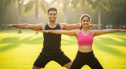 young indian couple doing yoga together at park