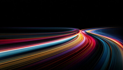 Abstract laser beams and light particles flow smoothly, evoking speed and power. Perfect for dynamic digital artwork. Cyberpunk light trails in motion or slow shutter effect. Neon stripes in the form.