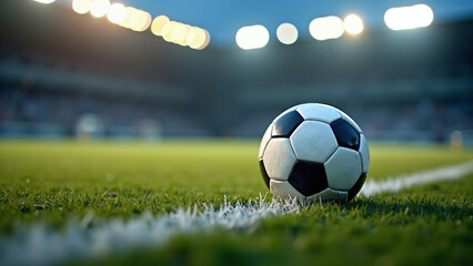 Fototapeta premium Soccer ball rests near white line—stadium lights blaze above green pitch in pre-match anticipation. 