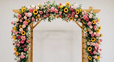 Houten bruidsboogt prachtig versierd met vrolijke zomerbloemen zacht licht. AI Generated