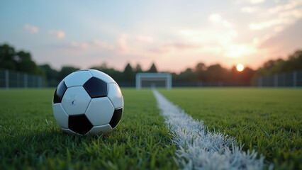 Soccer ball aligns with goalpost—sunrise light casts warm focus on green field and quiet intent.
