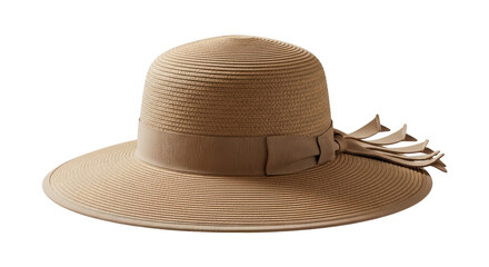 Isolated women's wide brim straw sun hat with ribbon and fringe, summer fashion accessory