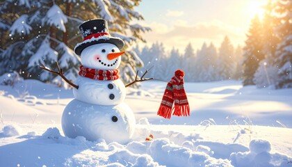Fototapeta premium Snowman in Black Hat and Red Scarf Standing in Snowy Forest during Sunset