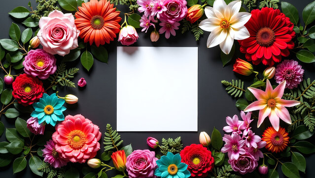 White square rests in floral ring—roses, lilies, tulips glow with spring vibrance and botanical symmetry.
