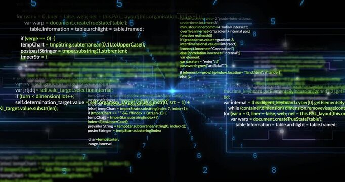 Bright blue point initiating beams, code blocks fading in as numbers pulsing to visualize network