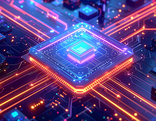 Fototapeta premium Futuristic close-up of a CPU Chip, Glowing with neon lights, digital technology