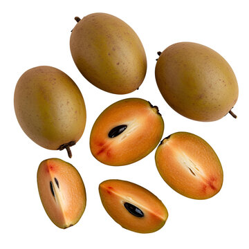 A whole and sliced sapodilla chiku fruit on a bowl clean transparent background