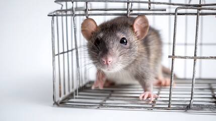 Gray Domestic Rat in Metal Cage on White Background for Pest Control and Animal Care