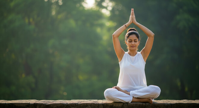 young beautiful indian woman doing yoga at park