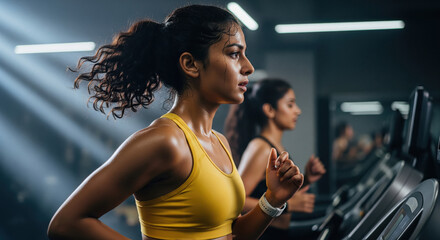 young indian woman running on treadmill in the gym