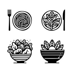 Four different bowls of food, each with a different type of food in it. The bowls are arranged in a row, with a fork and knife on the left side of the image. The bowls are all different sizes