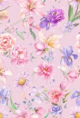 Bright floral pattern with various flowers in soft pastel colors on a light pink background