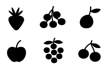Set of fruit icons in black and white. The fruit icons include an apple, a cherry, a grape, a strawberry, and a plum