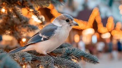 the image presents a bird perched on a pine tree branch. the bird has grayish blue plumage on its head, back, and tail, contrasting with its white chest and belly